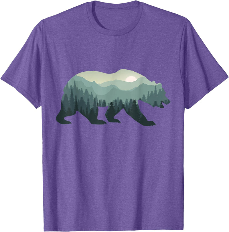Outdoors Gift Ideas Camping Stuff Men Graphic Tees Misty Forest Bear Silhouette Wildlife Nature Lover T-Shirt - Purple Heather