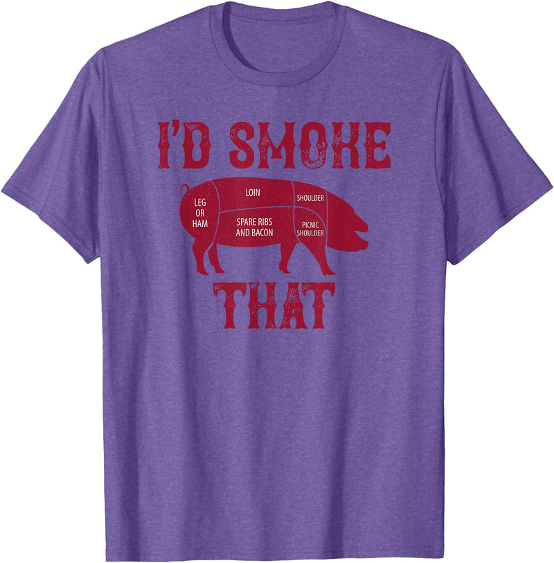Pig BBQ Meat I'd Smoke That Humor 2.0 I'd Smoke That Pig BBQ Grilling T-Shirt - Purple Heather