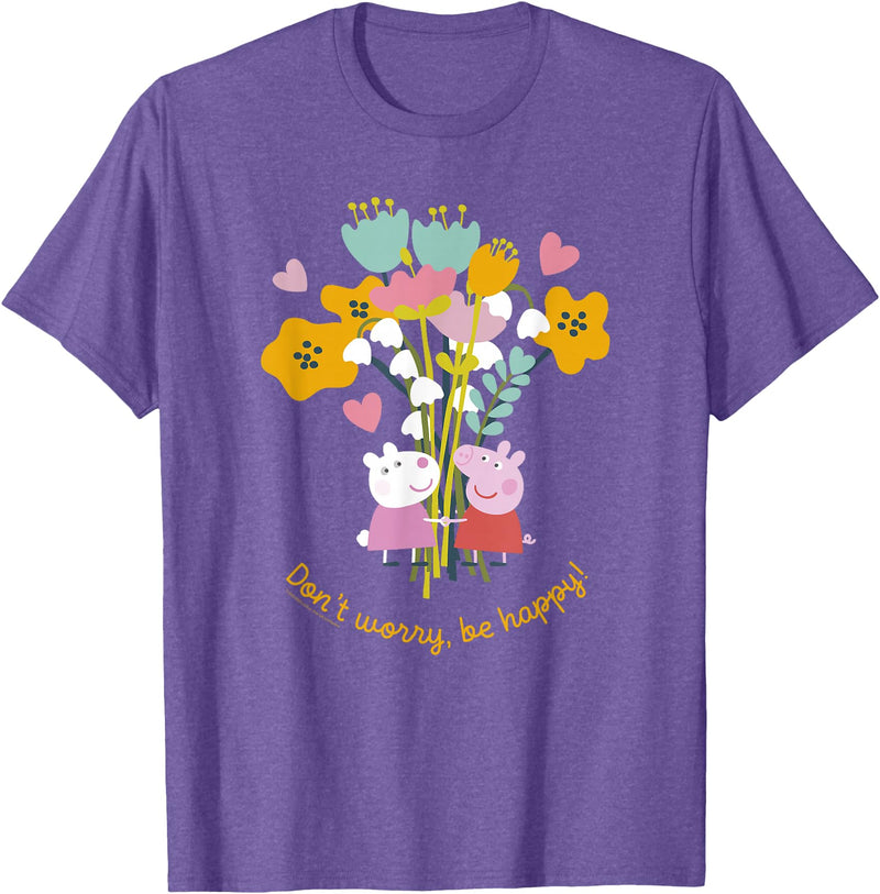 Peppa Pig Don't Worry Be Happy Floral Logo T-Shirt - Purple Heather