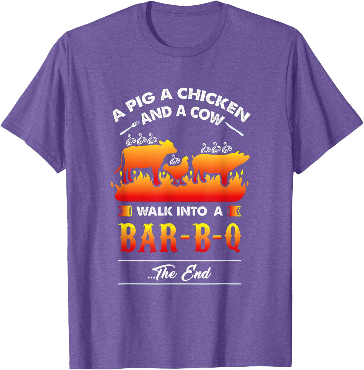 anti vegan shirt I funny bbq bacon fans A Pig, A Chicken, And A Cow Walk Into A Barbecue Bar-B-Q T-Shirt - Purple Heather