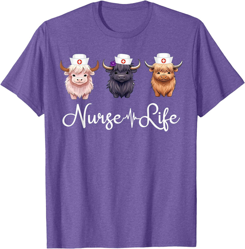 Highland Cow Nurse Life Costume Cute Highland Cow Nurse Life Farm Animal Lover Nursing T-Shirt - Purple Heather
