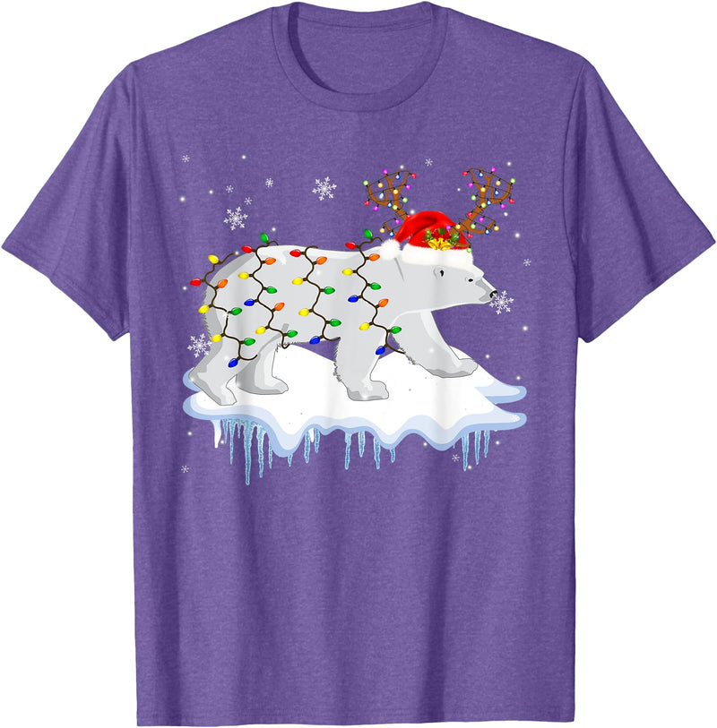 Cute Christmas Lights Santa Reindeer Polar Bear Santa Reindeer Polar Bear Christmas Light Santa Polar Bear T-Shirt - Purple Heather
