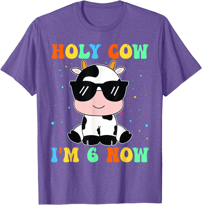 Holy Cow I'm Two 6 6th Birthday Boy Girl Kids Holy Cow I'm Two 6 Years Old 6th Birthday Boy Girl T-Shirt - Purple Heather