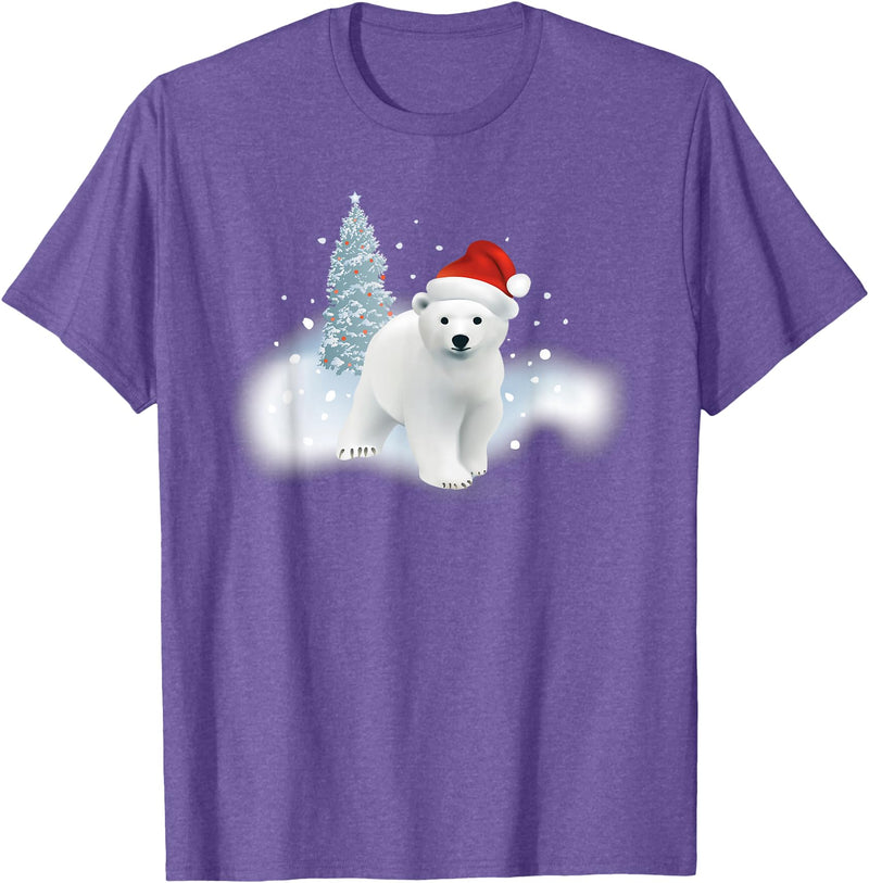 Happy Holiday Season Snow Gifts For Women Cute Christmas Polar Bear Red Santa Hat Lighted Tree Snow T-Shirt - Purple Heather