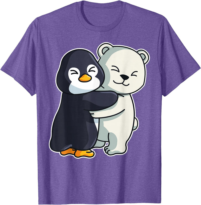Penguin and Polar Bear Hug Arctic Animal Polar Bear and Penguin Cute North Pole Animals Hugging T-Shirt - Purple Heather