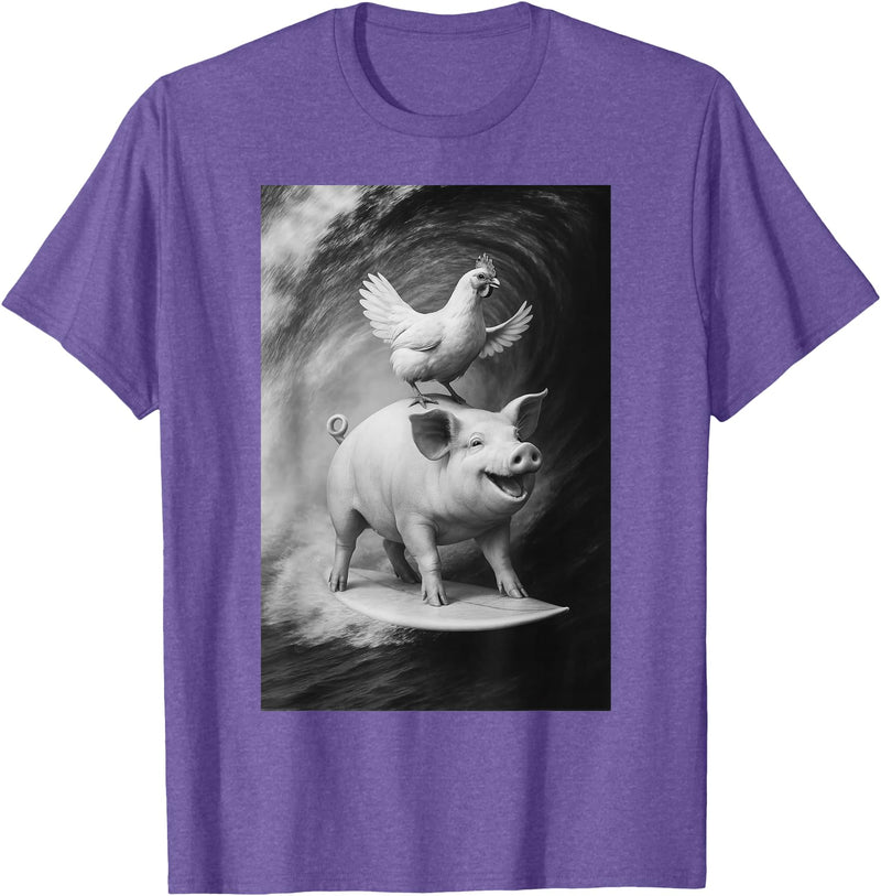 Surf Animal Lovers Funny Pet Summer Waves Vibes. Funny Surfing Pig and Chicken Selfie On Farm Animal T-Shirt - Purple Heather