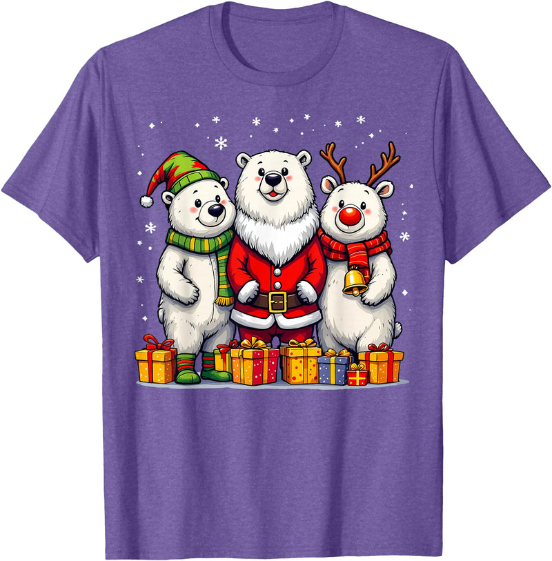 Christmas Polar Bear Santa Elf Reindeer Holiday Cute Christmas Polar Bears in Santa Elf and Reindeer Costume T-Shirt - Purple Heather