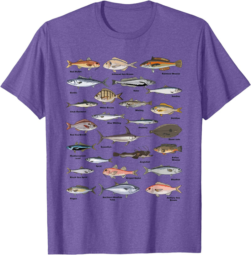 Botanical Chart Apparel Co. Vintage Fish Identification Chart Fishing T-Shirt - Purple Heather