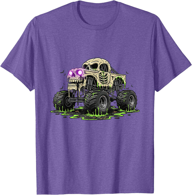 Funny Monster Truck Horror Gift Idea Skeleton Drip Monster Truck Skull Bones Creepy Halloween T-Shirt - Purple Heather