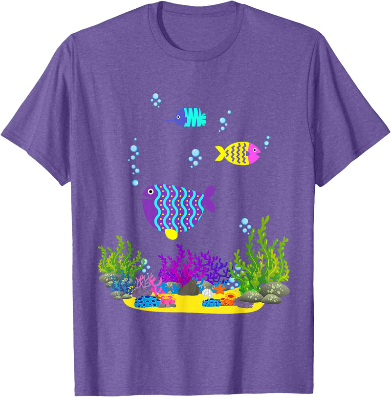 Cute Cartoon Sealife Art Hawaiian Triggerfish Coral Funny Tropical Fish Cartoon Art T-Shirt - Purple Heather