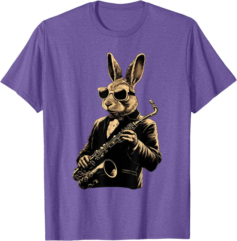 Cute Rabbit Bunny Playing Saxophone Rabbits Musician Music T-Shirt in Purple Heather