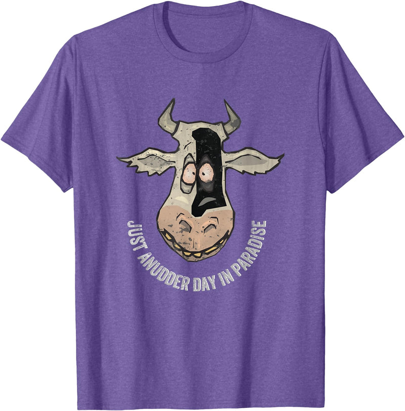 Outstanding in the Field Just Anudder Day in Paradise Funny Cow Farmer Dairy T-Shirt - Purple Heather
