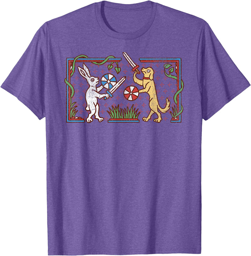 Medieval Rabbit & Dog Sword Fighting Cute Vintage Retro T-Shirt in Purple Heather