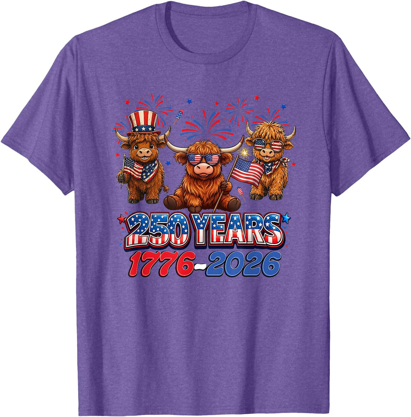 Scottish Highland Cow Print 250th Anniversary Gift 250 Years America Anniversary Cow 4th July America 1776 2026 T-Shirt -