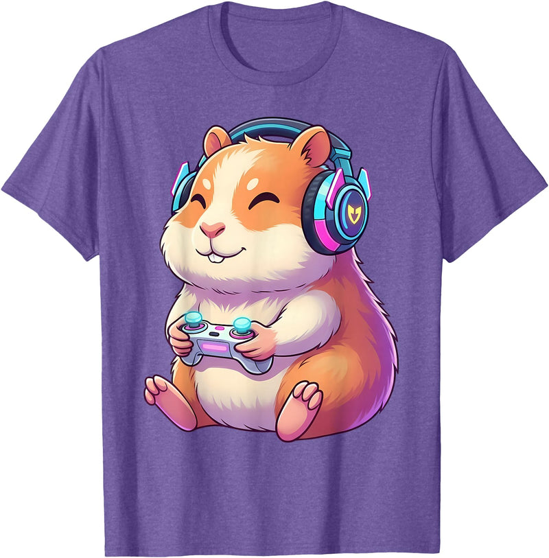 Funny Cute Hamster Gamer Adorable Video Game Animal Design T-Shirt - Purple Heather