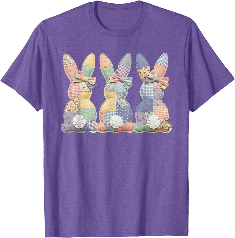 Easter Patchwork Bunny Cute Bunny Rabbit Coquette Lace Bow T-Shirt in Purple Heather