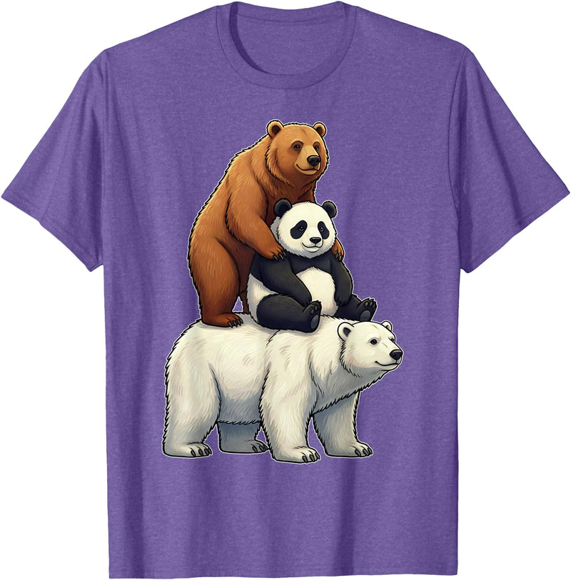 Cute Bear Panda Polar Bear Stack Funny Wildlife Funny Bears Stacked Panda Grizzly Polar Bear Trio Meme Art T-Shirt - Purple Heather