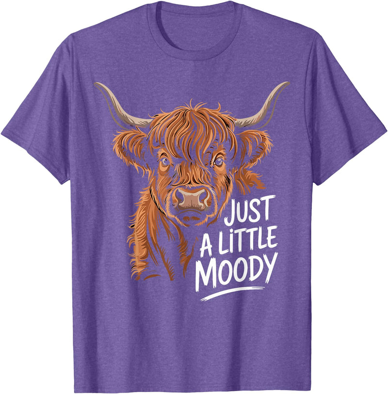 Scottish Highland Cow Lovers men woman kids Highland Cow Just A Little Moody Flower Cattle Hairy Cow T-Shirt - Purple Heather