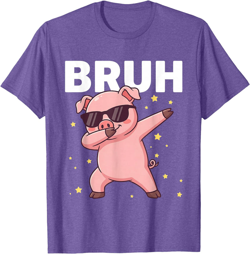 Funny Dabbing Pig Tee for Men Women Kids Bruh Dabbing Pig Sunglasses Funny Pig Dabbing Cute Animal T-Shirt - Purple Heather