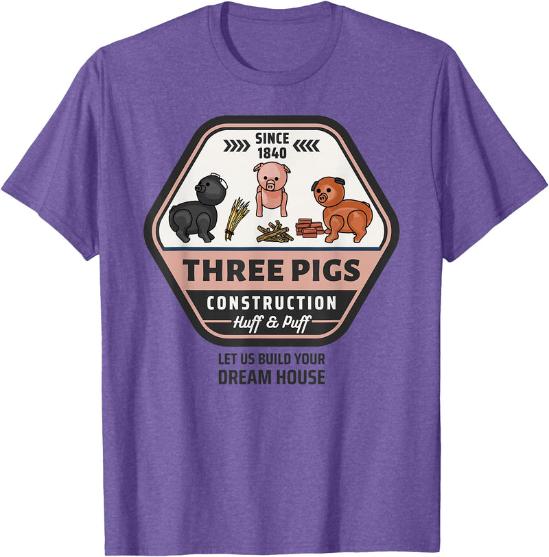 Slightly Unhinged Heather Three Pigs Construction Co. Logo T-Shirt - Purple Heather