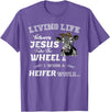 apparelaxArt Living Life Somewhere Between Jesus Take The Wheel Cow T-Shirt - Purple Heather