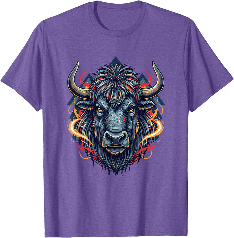 Wild Buffalo Bison Tribal Western Spirit Fierce Wild Bison Head Tribal Geometric Buffalo T-Shirt - Purple Heather