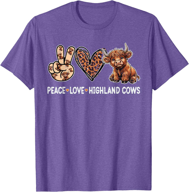 Highland Cow shirts for Girls Women Kids Peace Love Highland Cows Funny Beef Farmer Farm Cow Lover T-Shirt - Purple Heather
