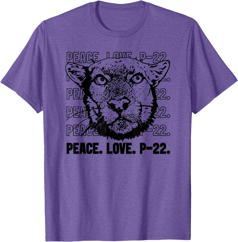 P22 Mountain Lion Tee Shirts for Nature Lovers P-22 Mountain Lion Legend LA California Art P22 Peace Love T-Shirt - Purple Heather