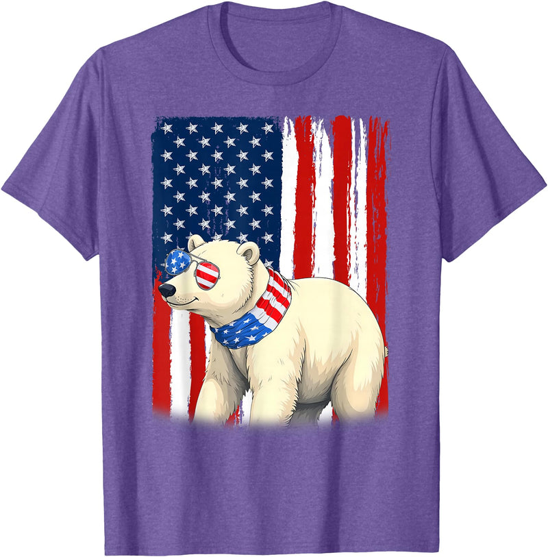 Patriotic USA Flag Polar Bear 4th of July Co. Polar Bear US America Flag Men Women 4th of July Patriotic T-Shirt - Purple Heather