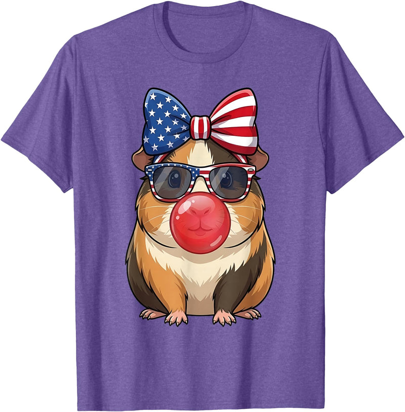 Cute Guinea Pig Bubble Gum Coquette Bow Girls Kids Patriotic Guinea Pig 4th of July Bow American Flag Girls T-Shirt - Purple Heather