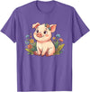 Cute Farm Piglet With Wildflowers Pastel Kawaii Baby Pig Surrounded by Colorful Flowers T-Shirt - Purple Heather