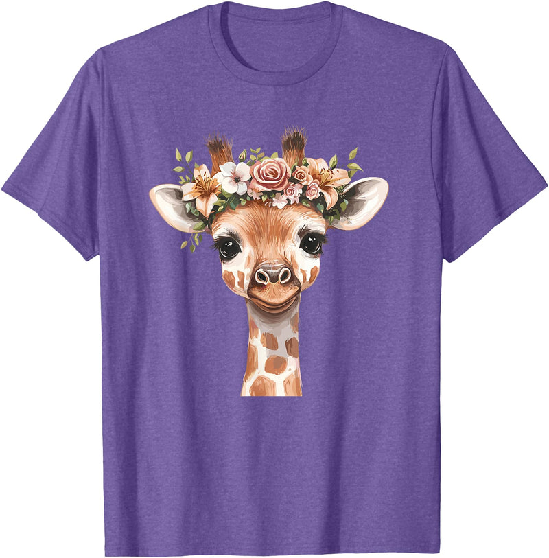 Floral Giraffe Animal Lovers Wild Nature Cute Animal Flower Crown Giraffe T-Shirt - Purple Heather