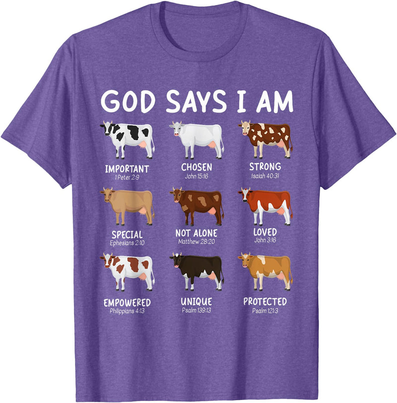 God Says I Am Christian Bible Verse Apparel God Says I Am Cute Heifer Cow Bible Verse Christian T-Shirt - Purple Heather