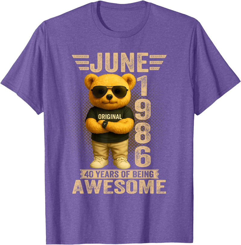 June 1986 40th Birthday Gifts for Men Women 40 Year Old June 1986 Teddy Bear 40th Birthday Men Women T-Shirt - Purple Heather