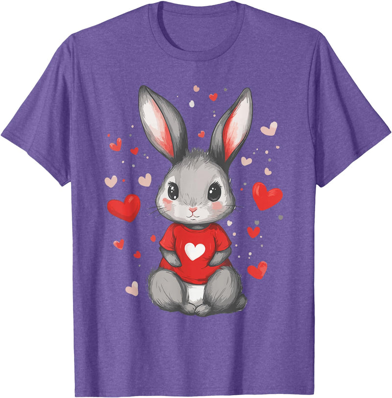 Rabbit Lover Heart Girls Valentine’s Day Women Bunny T-Shirt in Purple Heather