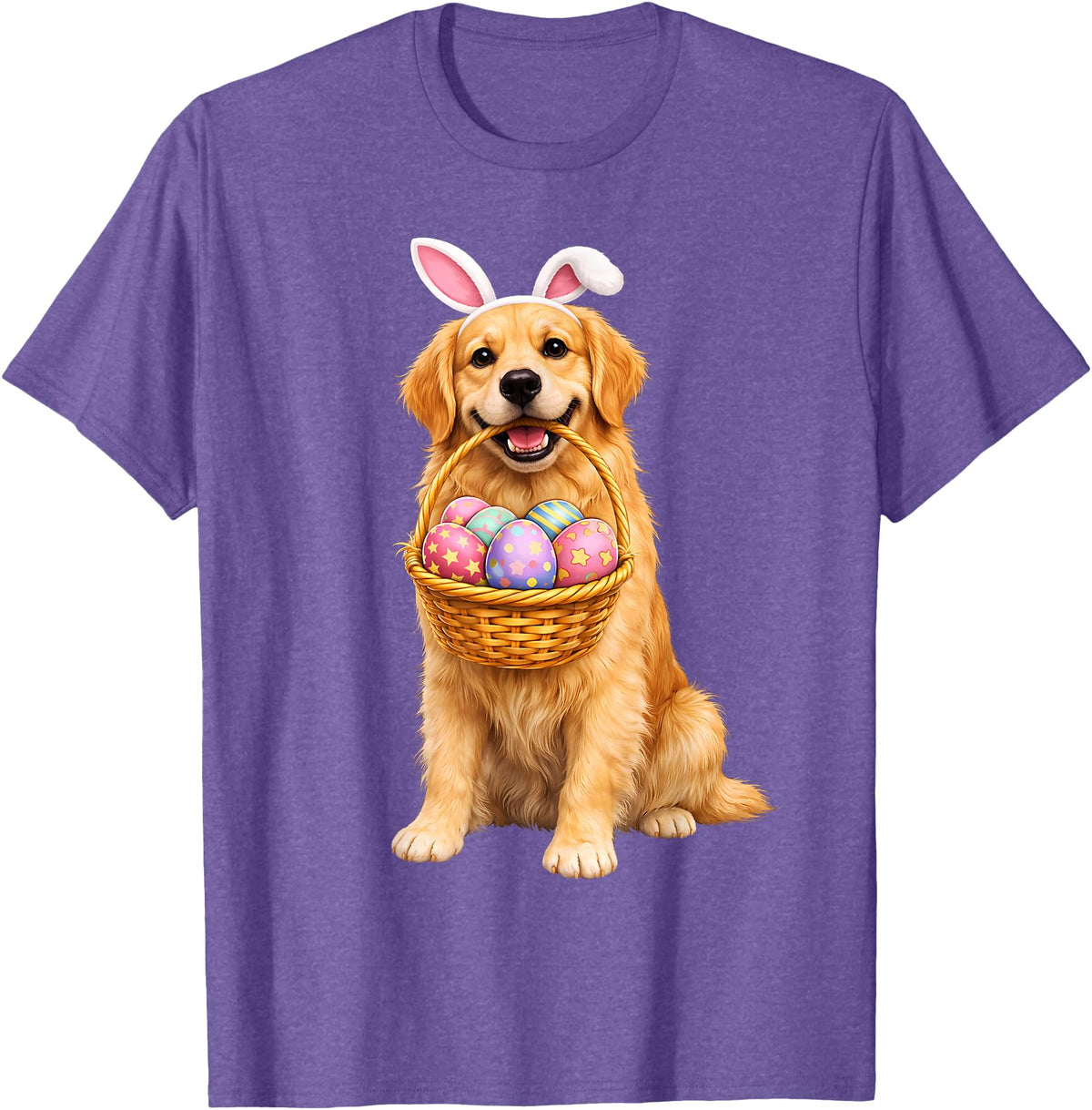 Golden Retriever Bunny Ears Eggs Cute Easter Dogs T-Shirt in Purple Heather