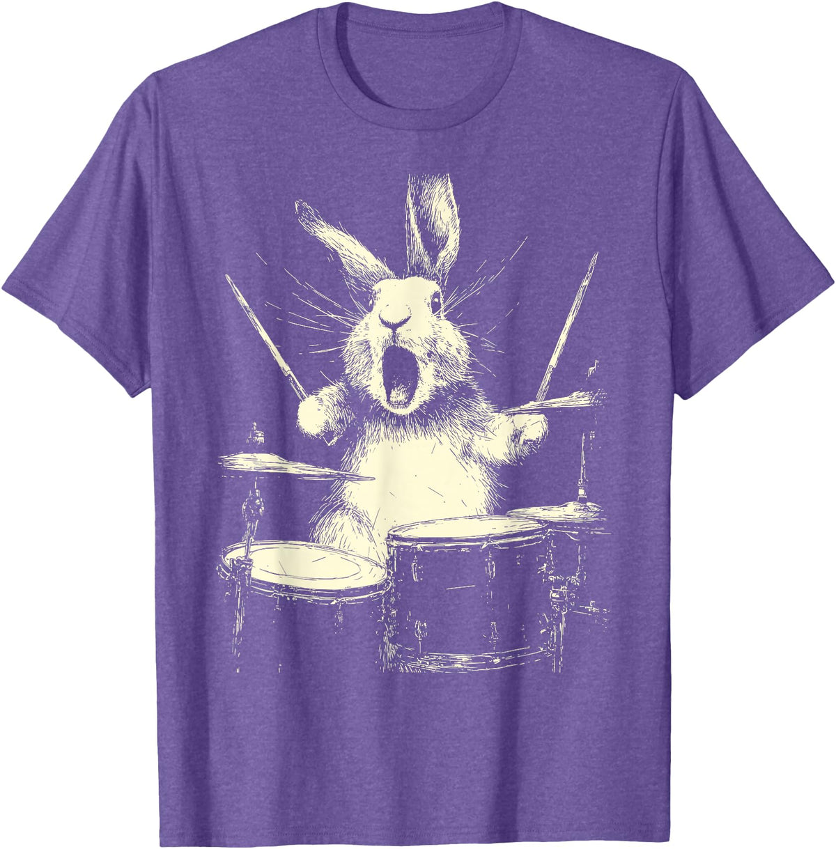 Cute Rabbit Playing Drums Funny Music Animal Drummer Graphic T-Shirt in Purple Heather