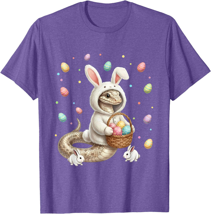 Cute Easter Bunny Rabbit with Eggs Whimsical Snake Design T-Shirt in Purple Heather