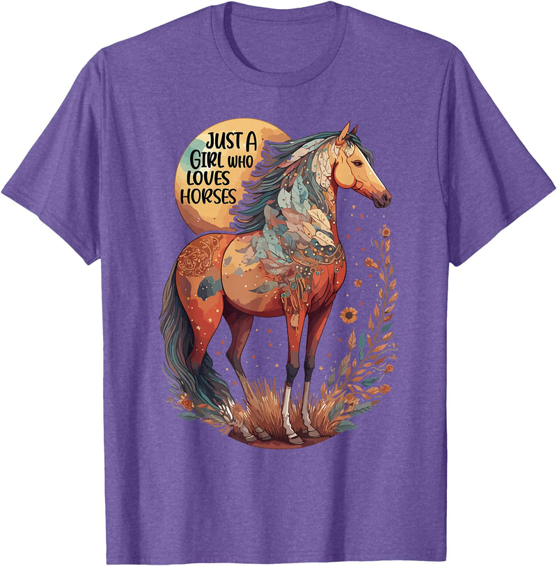Just a girl who loves horses Co. Just a Girl who Loves Horses - Bohemian Horse Lover Themed T-Shirt - Purple Heather