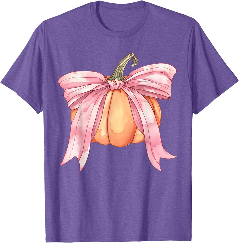 Coquette Halloween Tees NYC Coquette Autumn Pumpkin Pink Bow Girly Halloween Fall Women T-Shirt - Purple Heather