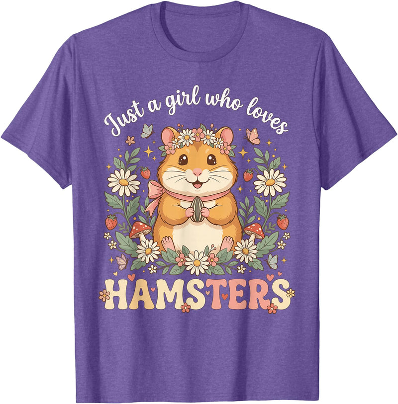 Just a Girl Who Loves Hamsters Cute Floral Pet Aesthetic T-Shirt - Purple Heather