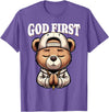 Christian Hip Hop Hustle Praying Teddy Bear Design God First Hip Hop Teddy Bear Cross Christian Streetwear Pray T-Shirt - Purple Heather