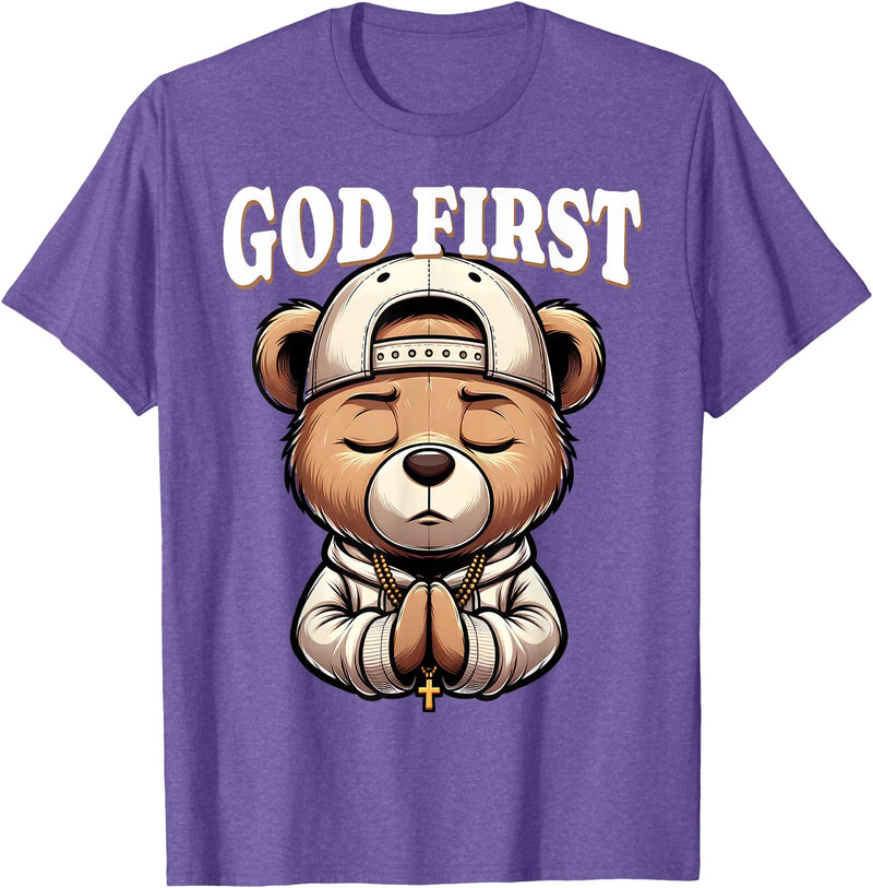 Christian Hip Hop Hustle Praying Teddy Bear Design God First Hip Hop Teddy Bear Cross Christian Streetwear Pray T-Shirt - Purple Heather
