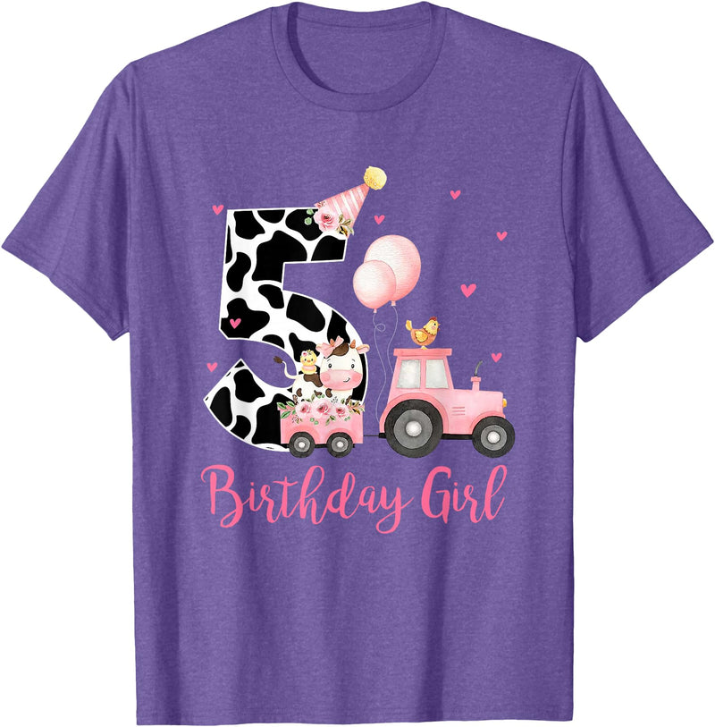 Milk Cow Print 5 Year Old Girl Birthday Gift 5th Birthday Outfit Girl 5 Year Old Farm Cow Chick Tractor T-Shirt - Purple