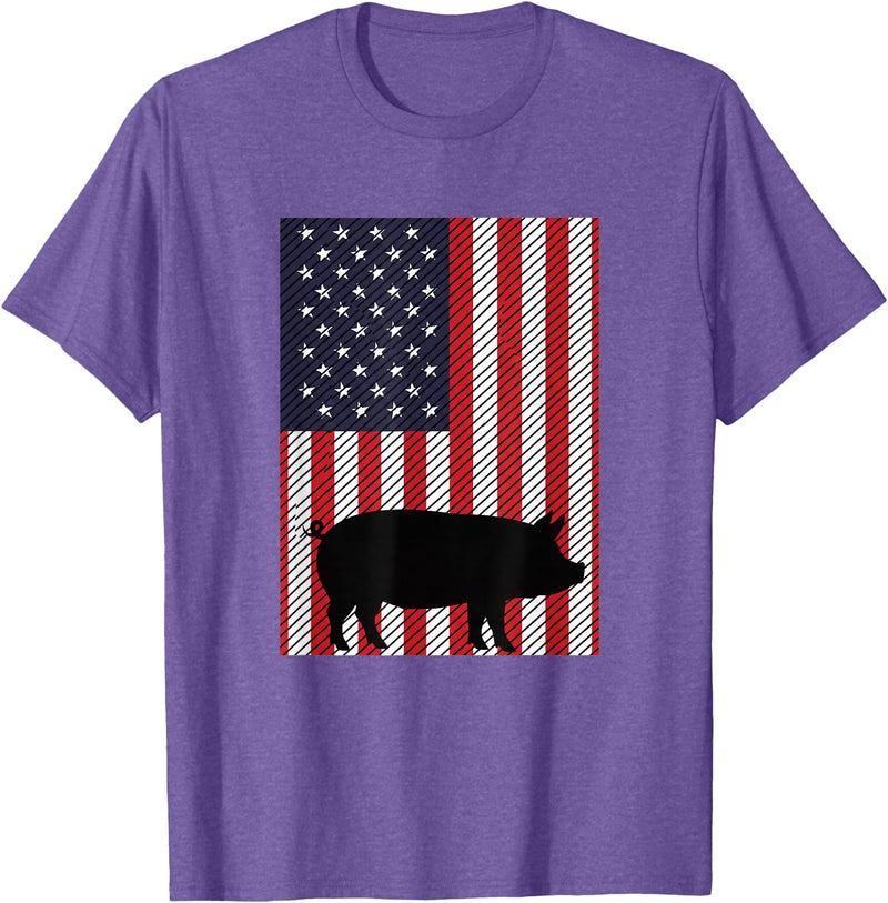 Farm Pig Patriotic United States Flag Kids Animal Patriotic Pig Silhouette American Flag Farm Kids Fourth T-Shirt - Purple Heather
