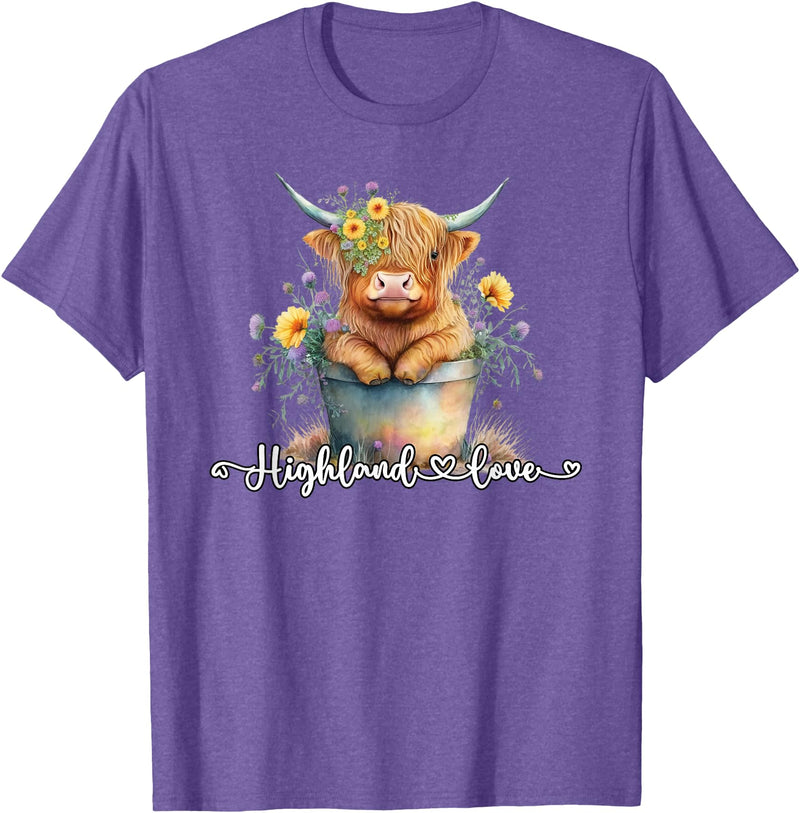 KAEDAM Gifts: Highland Cows Cute Baby Highland Cow Calf Love Spring Pastel Novelty T-Shirt - Purple Heather