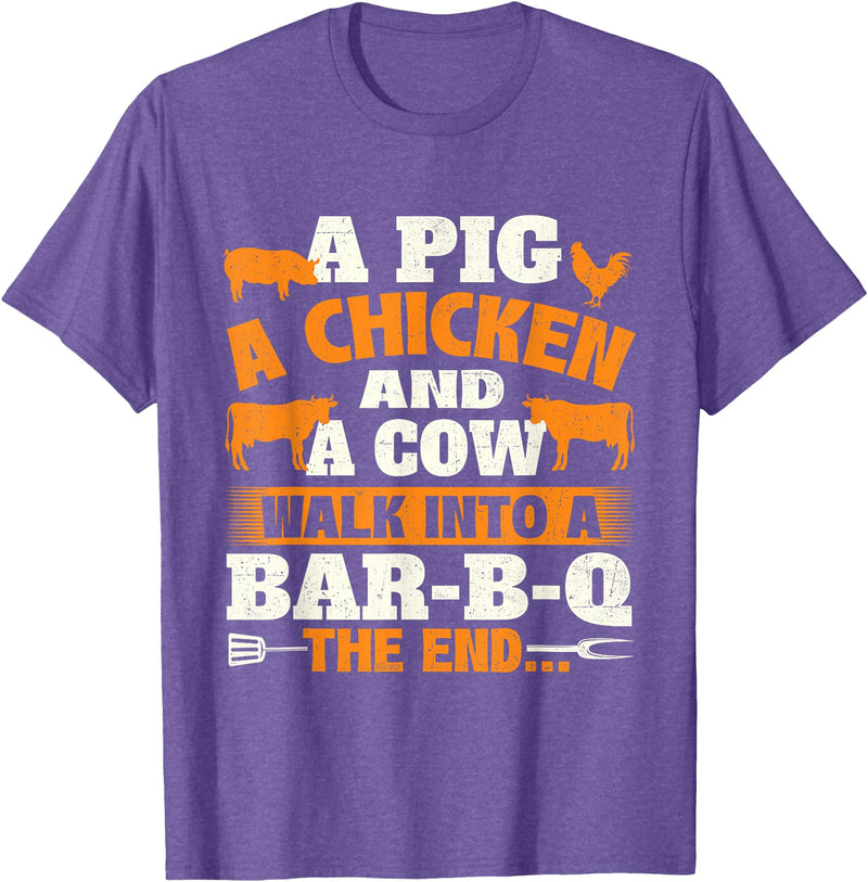 Funny BBQ Shirts A Pig A Chicken And A Cow - Grilling BBQ Lover Barbecue T-Shirt - Purple Heather