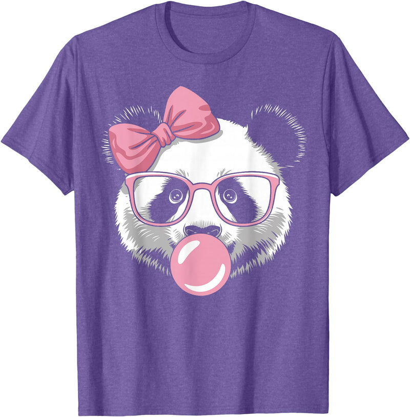 Panda Bear Bubblegum Panda Bear Wearing Glasses and Blowing Pink Bubble Gum T-Shirt - Purple Heather