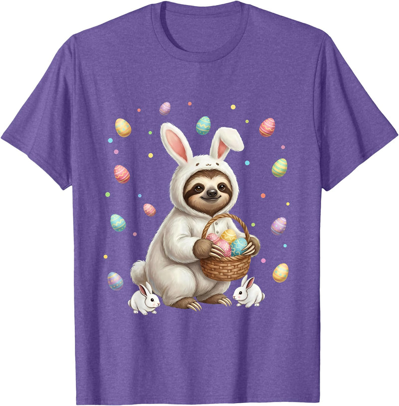 Cute Easter Bunny Rabbit with Eggs Whimsical Sloth Design T-Shirt in Purple Heather
