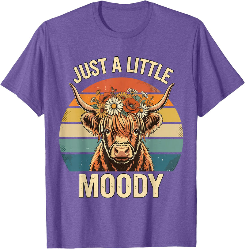 Just A Little Moody Funny Cow Tee Highland Cow Vintage Flower Funny Farm Farmer T-Shirt - Purple Heather